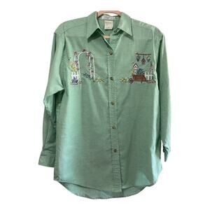 VTG Mandal Bay Embroidered Garden Button Shirt Womens Sz S/M Green Retro 90s Y2K